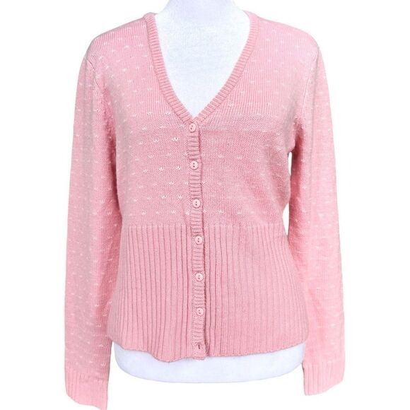 JG Hook Vintage Pink & White Tiny Polka Dot V-Neck Button Front Sweater. Small. - Picture 1 of 6